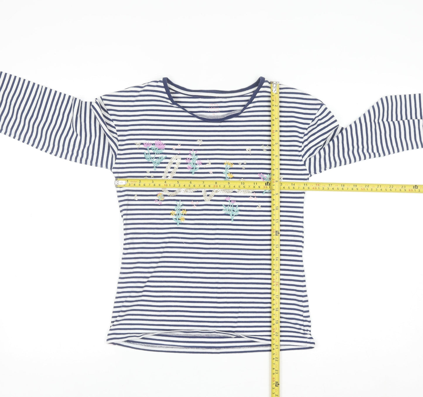 John Lewis Girls Navy Striped Long Sleeve T-Shirt Age 12 Embroidered Floral Top