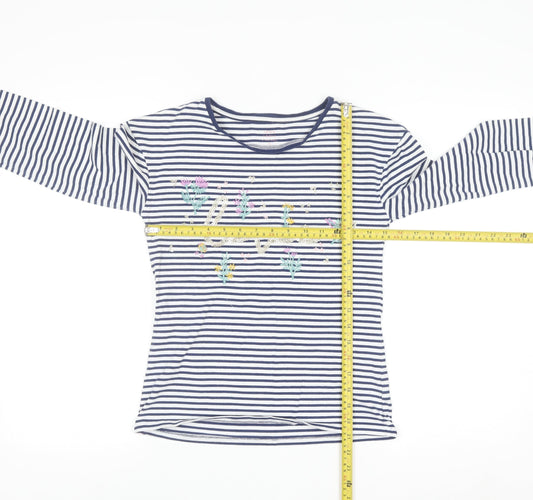 John Lewis Girls Navy Striped Long Sleeve T-Shirt Age 12 Embroidered Floral Top