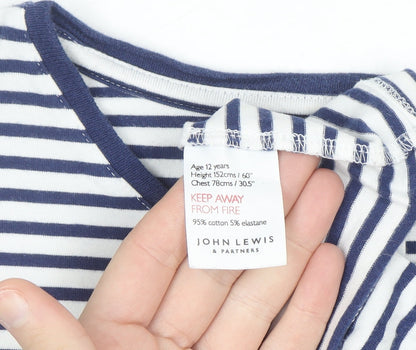John Lewis Girls Navy Striped Long Sleeve T-Shirt Age 12 Embroidered Floral Top