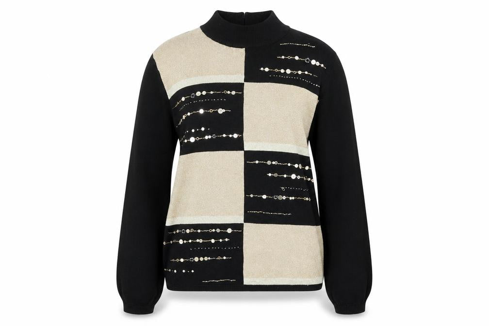 Alfred Dunner Womens Black L Petite Beaded Mock Neck Jumper