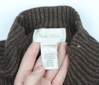 Studio Works Womens Brown Mock Neck Ribbed Cotton Jumper L
