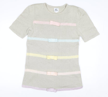 Ami Women Beige Short Sleeve Bow Knit Jumper Size 10