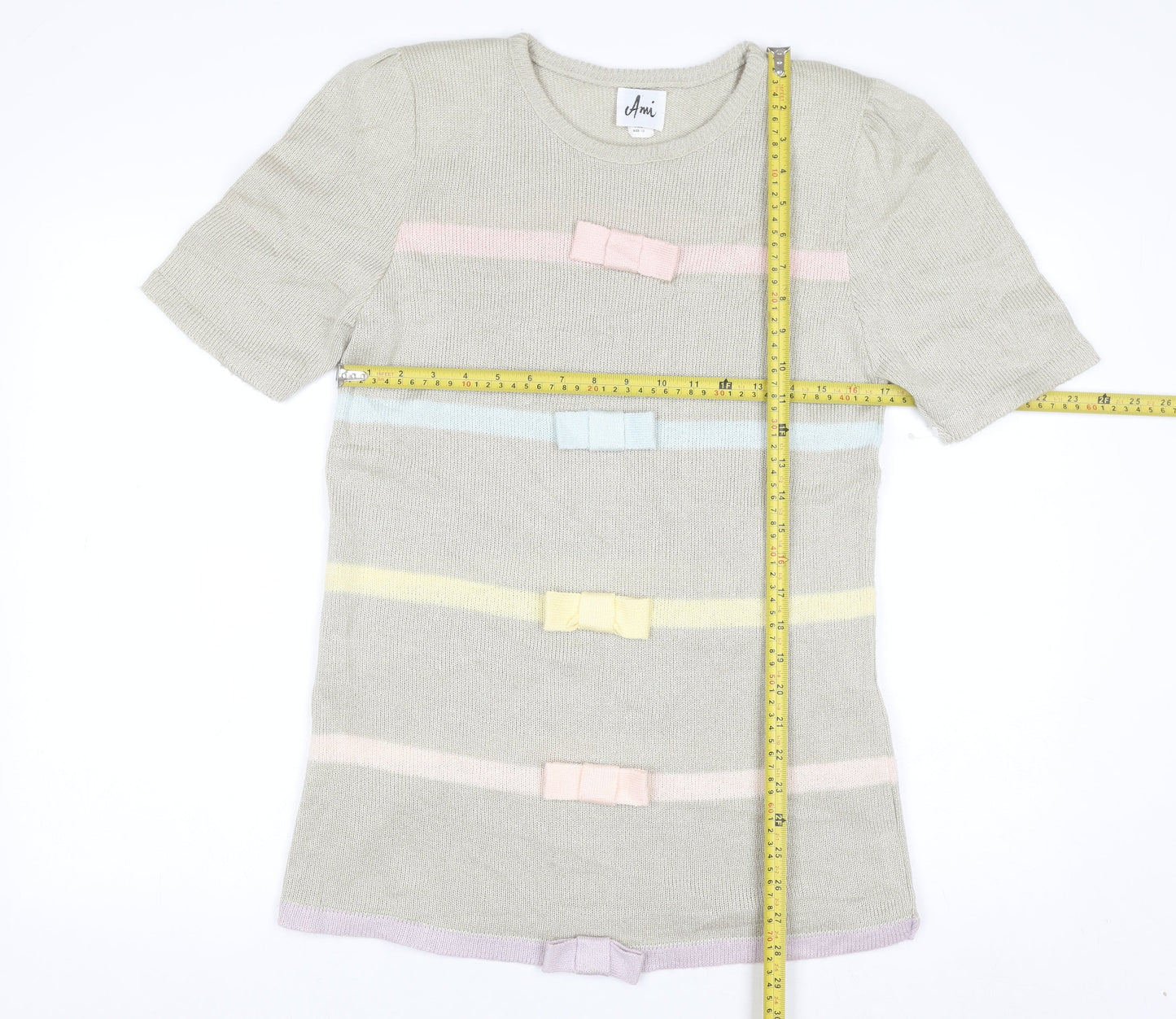Ami Women Beige Short Sleeve Bow Knit Jumper Size 10