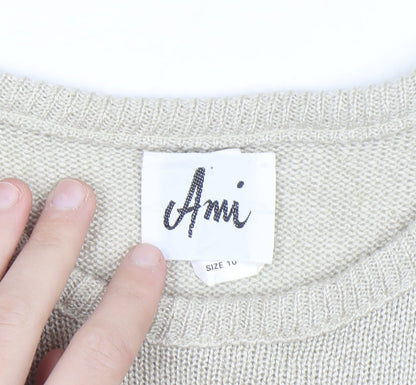 Ami Women Beige Short Sleeve Bow Knit Jumper Size 10
