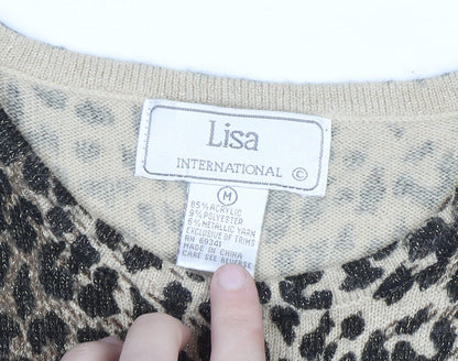 Lisa International Women's Beige Leopard Print Knit Jumper M