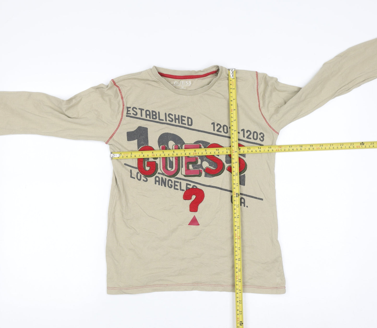 Guess Women's Beige Graphic Long Sleeve Cotton T-Shirt Size 12