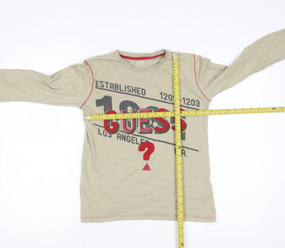 Guess Women's Beige Graphic Long Sleeve Cotton T-Shirt Size 12