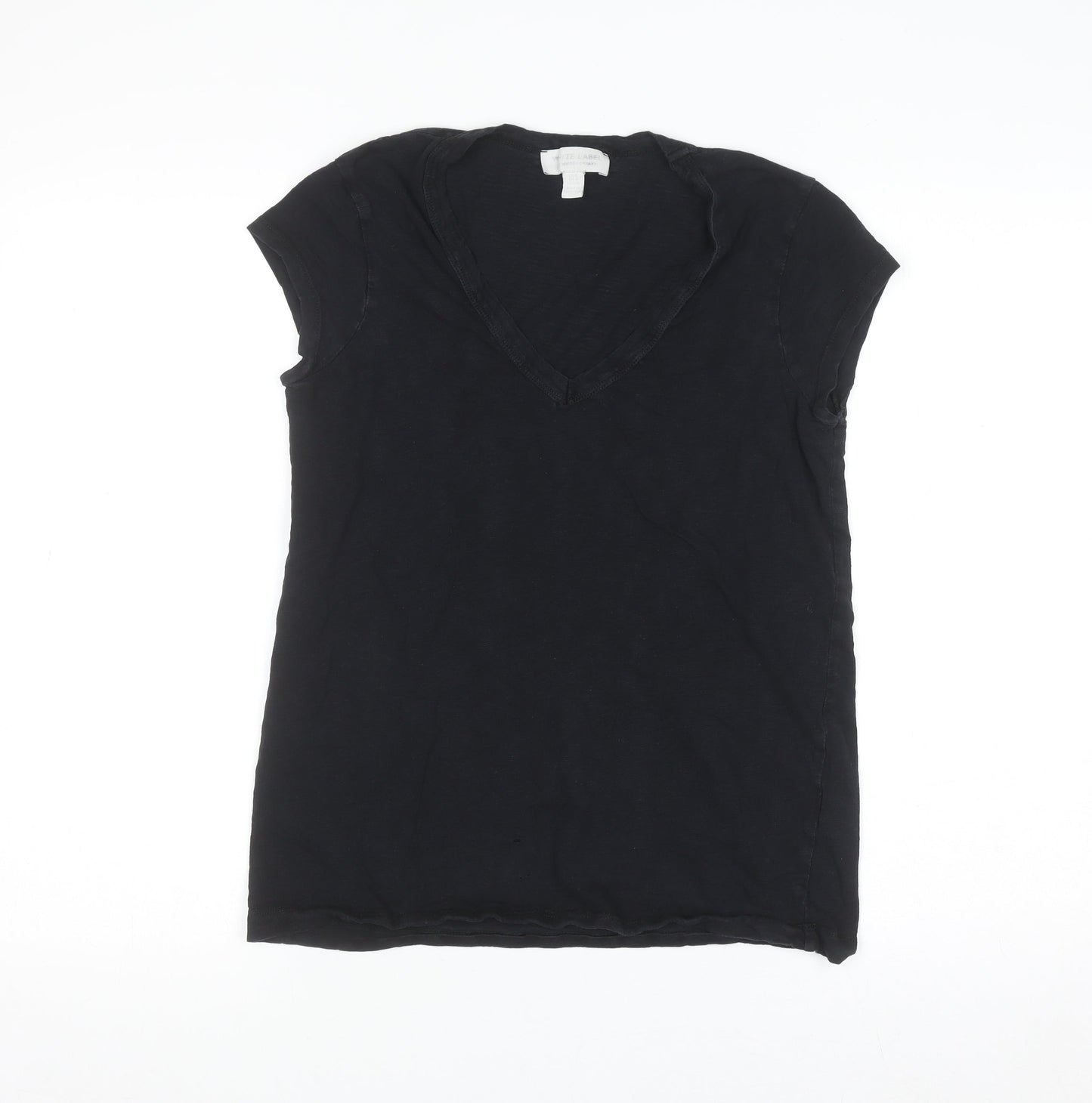 The White Company Women’s Black V-Neck Cotton T-Shirt UK 8