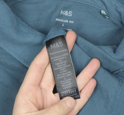 Marks and Spencer Men's Blue Long Sleeve Regular Fit Cotton Polo L