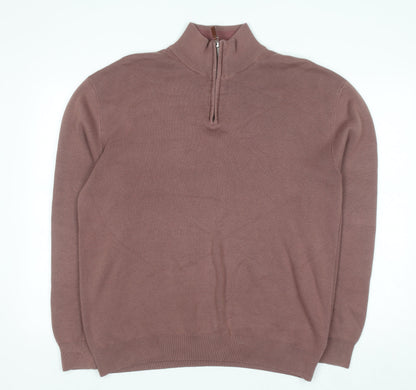 Next Men's Brown Cotton 1/2 Zip High Neck Jumper Size L
