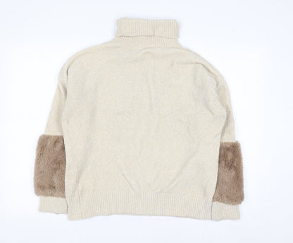 Klass Women’s Beige Roll Neck Chunky Knit Faux Fur Trim Jumper M