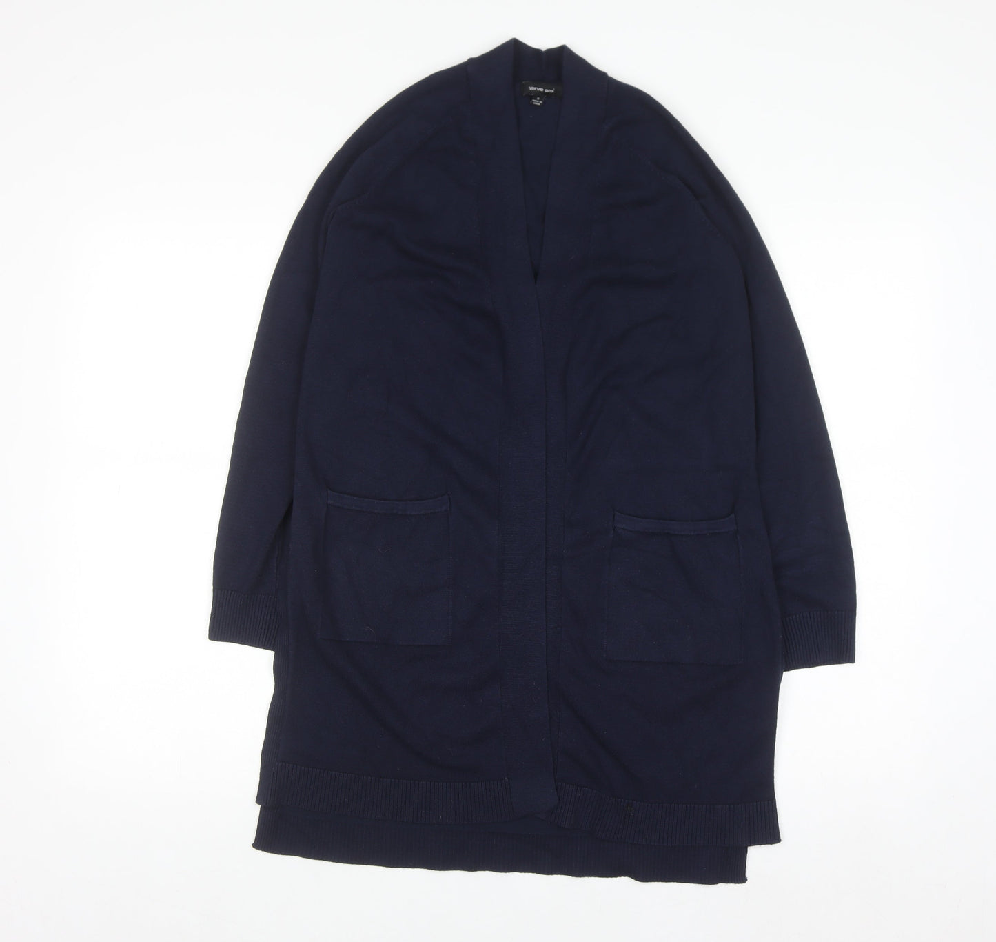 Verve Ami Women's Blue Longline Cardigan Size S Knit Open Front Pockets
