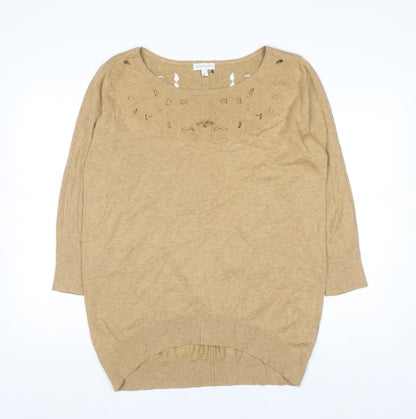 Monsoon Women Beige Embroidered Knit Jumper Medium 3/4 Sleeve