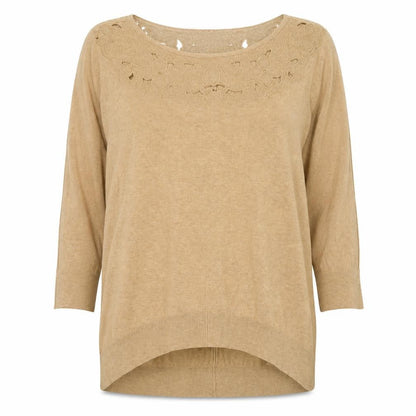 Monsoon Women Beige Embroidered Knit Jumper Medium 3/4 Sleeve