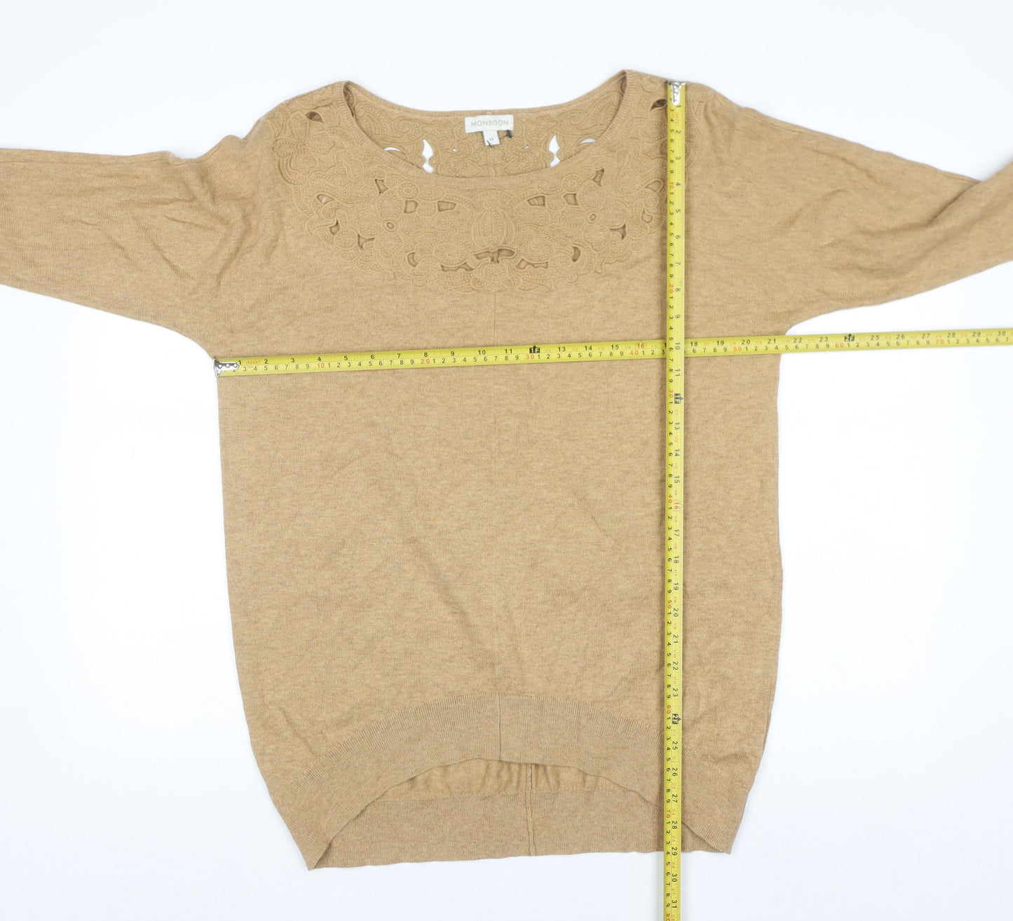 Monsoon Women Beige Embroidered Knit Jumper Medium 3/4 Sleeve