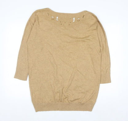 Monsoon Women Beige Embroidered Knit Jumper Medium 3/4 Sleeve