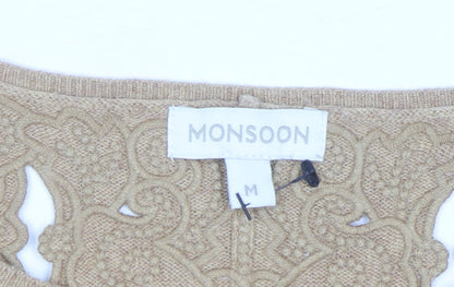 Monsoon Women Beige Embroidered Knit Jumper Medium 3/4 Sleeve