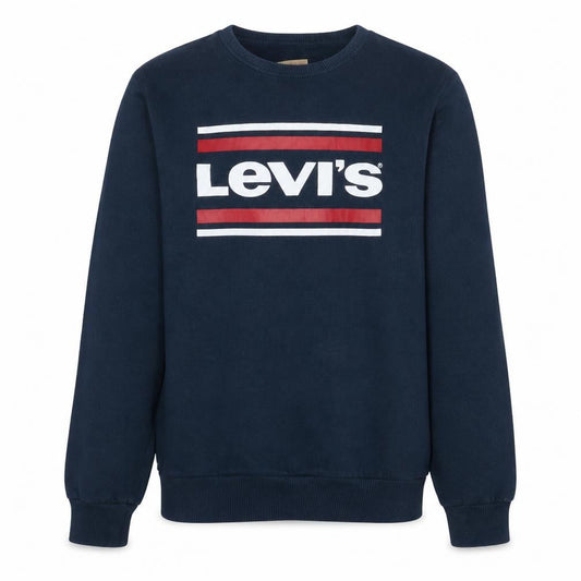 Front view of Levi's boys’ blue crew neck graphic logo sweatshirt, size 16, years