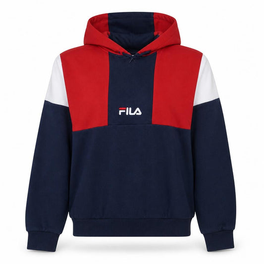 Front view of Fila Women's Navy Red Colourblock Hoodie, size S, Pullover Cotton Blend
