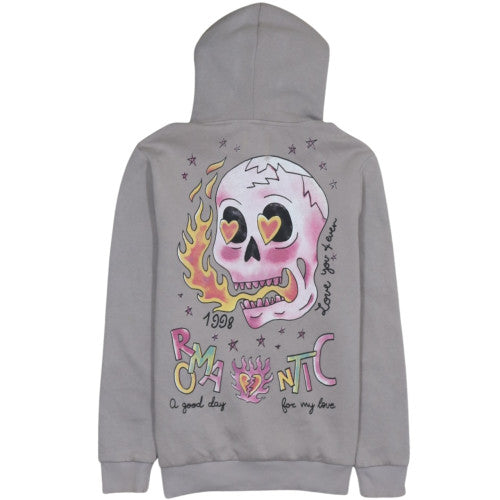 Bershka Women Grey Hooded Pullover Sweatshirt S Romantic Skull Print