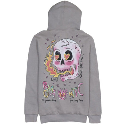 Bershka Women Grey Hooded Pullover Sweatshirt S Romantic Skull Print