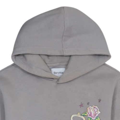 Bershka Women Grey Hooded Pullover Sweatshirt S Romantic Skull Print