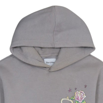 Bershka Women Grey Hooded Pullover Sweatshirt S Romantic Skull Print