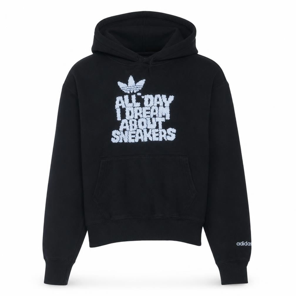 Front view of Adidas women’s black xs pullover hoodie 'all day i dream about sneakers'
