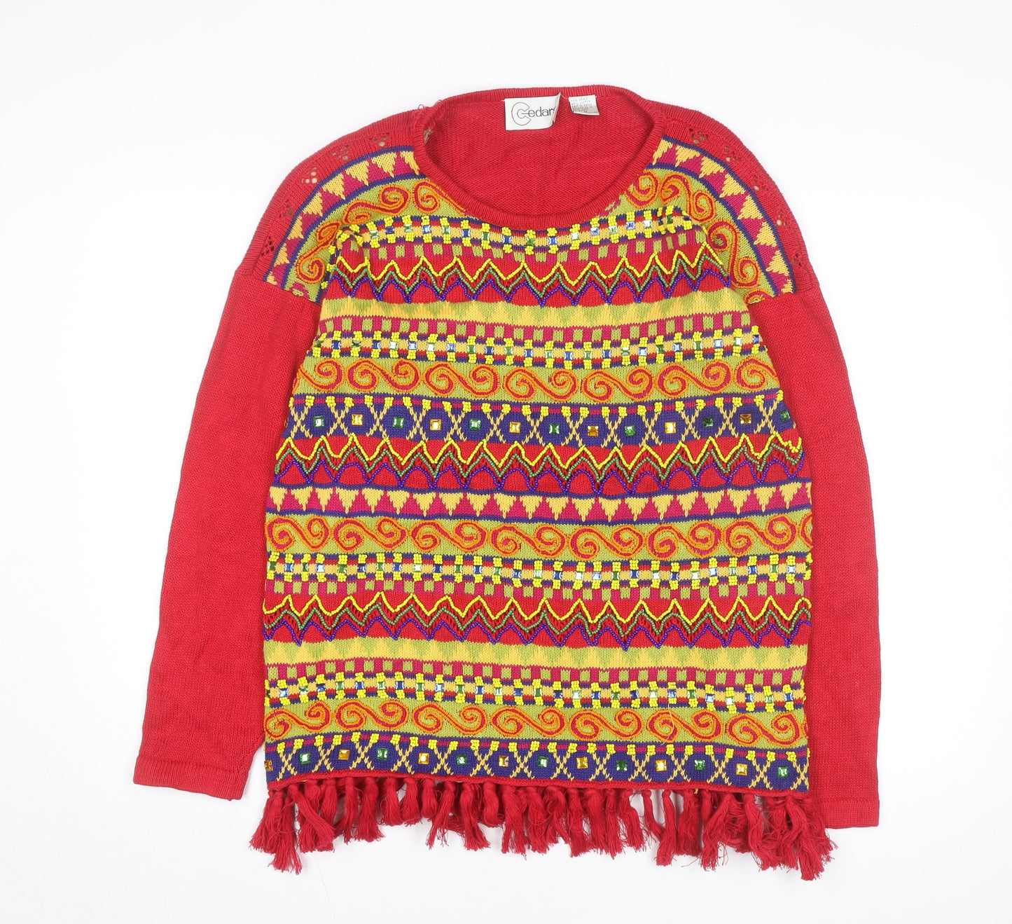 Cedars Womens Red Multicoloured Knit Fringe Jumper Size M