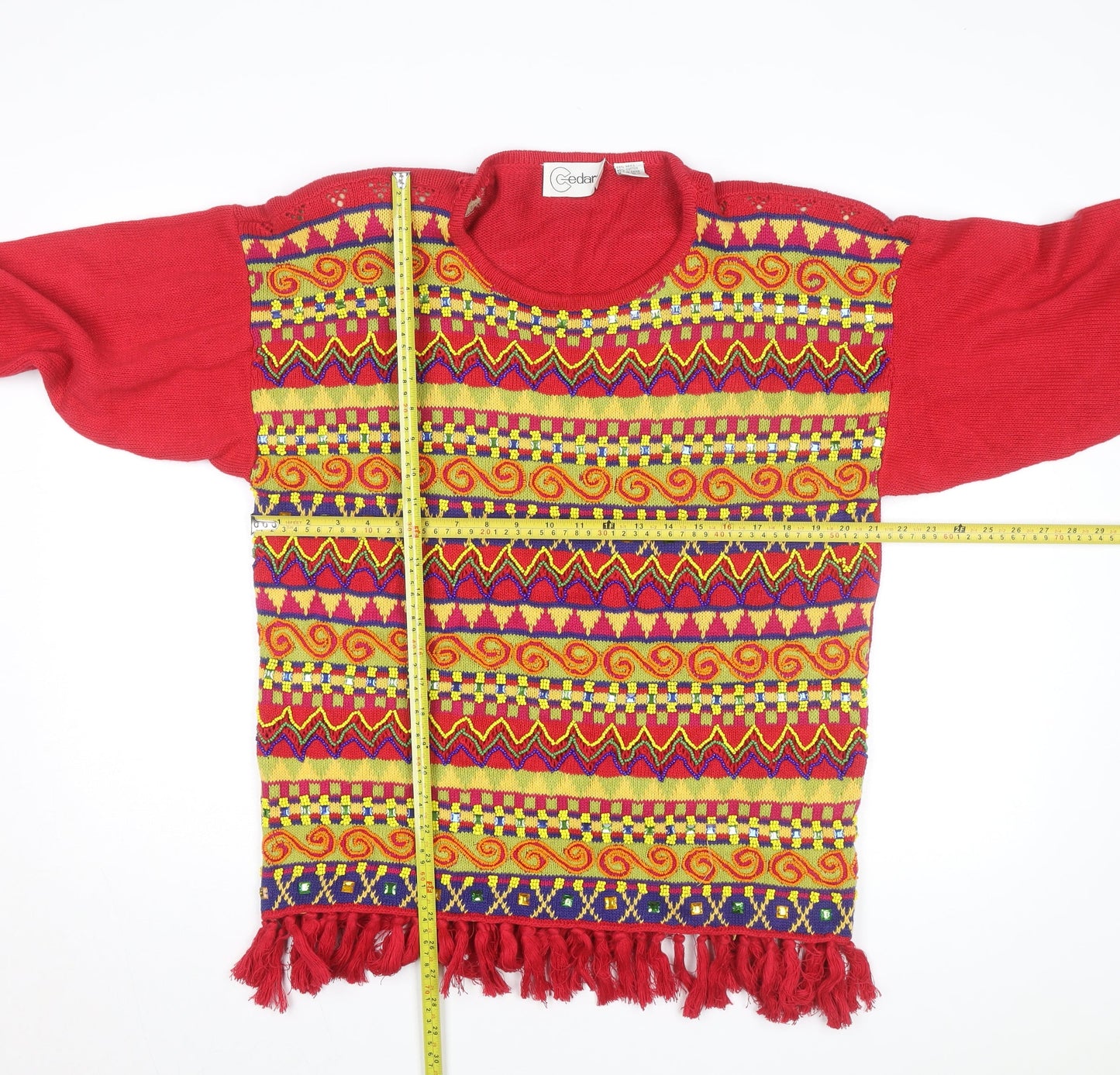 Cedars Womens Red Multicoloured Knit Fringe Jumper Size M
