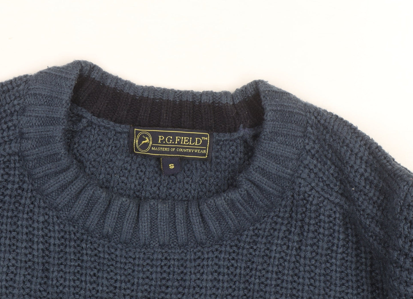 P.G. Field Men's Blue Chunky Knit Acrylic Crew Neck Jumper Size S