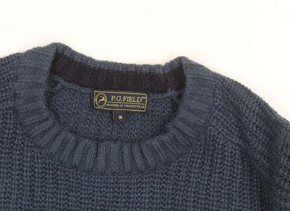 P.G. Field Men's Blue Chunky Knit Acrylic Crew Neck Jumper Size S