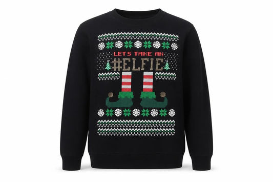 Front view of Just My Size unisex black christmas elfie pullover sweatshirt 2xl