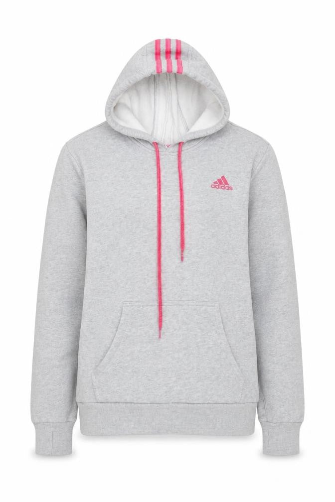 Front view of Adidas women’s grey hoodie, size L, 16-18 pullover pink logo sportswear