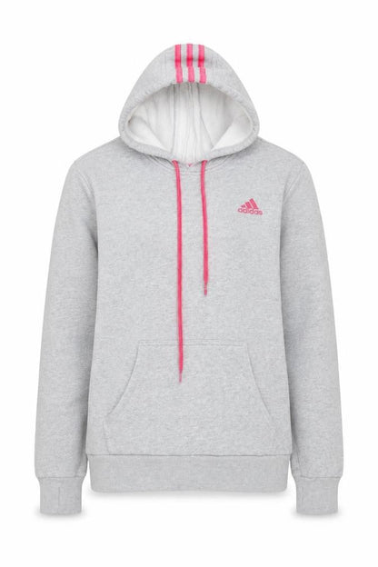 Front view of Adidas women’s grey hoodie, size L, 16-18 pullover pink logo sportswear