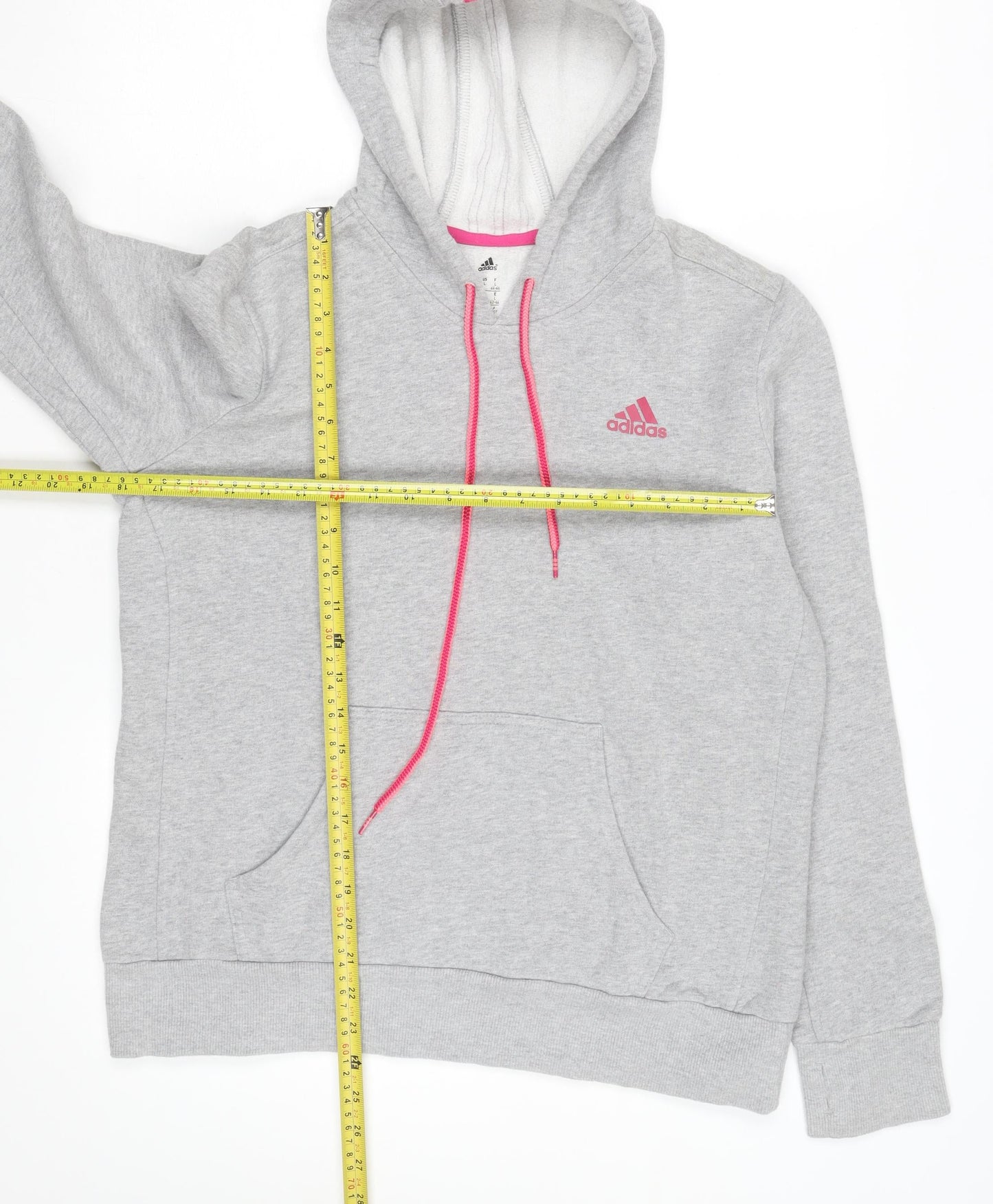 Adidas Womens Grey Hoodie Size L 16-18 Pullover Pink Logo Sportswear
