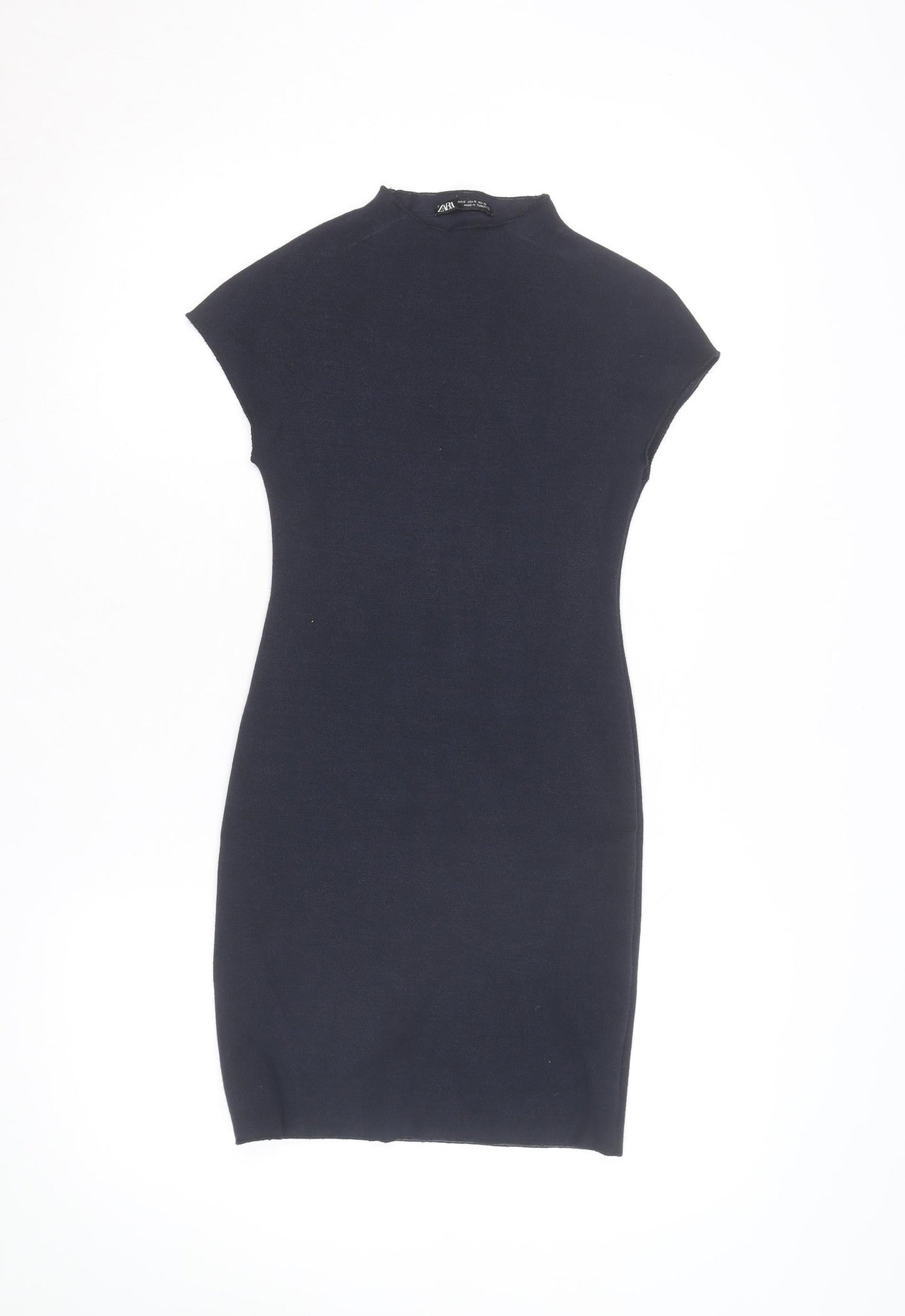 Zara Women Black Bodycon Knit Short Sleeve High Neck Dress S