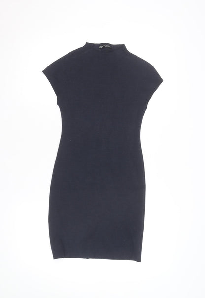 Zara Women Black Bodycon Knit Short Sleeve High Neck Dress S