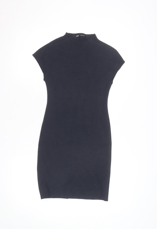 Zara Women Black Bodycon Knit Short Sleeve High Neck Dress S