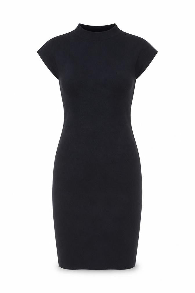 Zara Women Black Bodycon Knit Short Sleeve High Neck Dress S