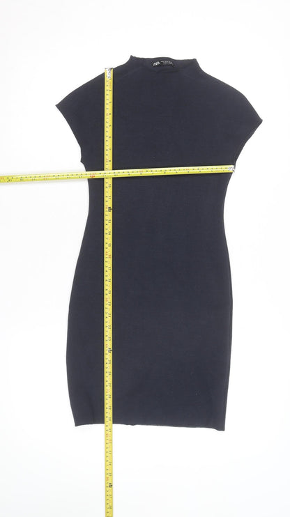 Zara Women Black Bodycon Knit Short Sleeve High Neck Dress S