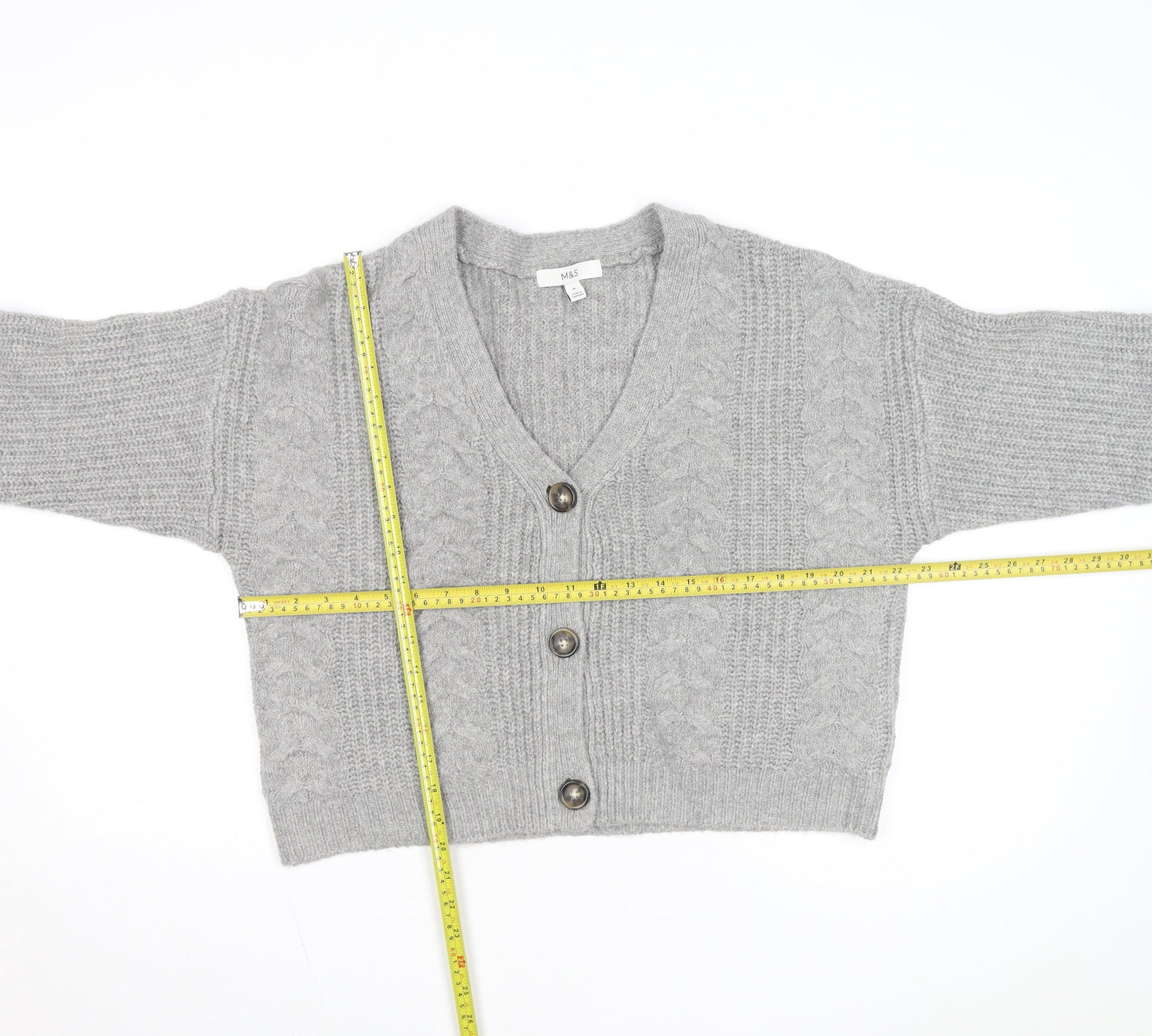 Marks and Spencer Women's Grey Cable Knit V-Neck Cardigan M