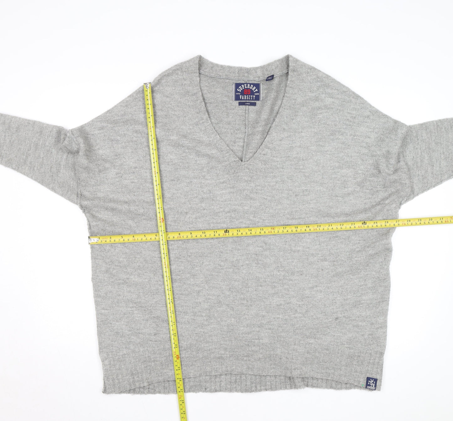 Superdry Women's Grey Wool Blend V-Neck Relaxed Fit Jumper L