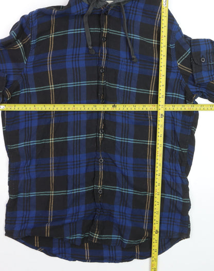 American Eagle Outfitters Men's Blue Plaid Flannel Hooded Button-Up Shirt M