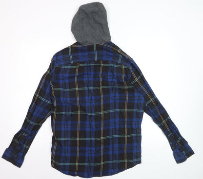 American Eagle Outfitters Men's Blue Plaid Flannel Hooded Button-Up Shirt M