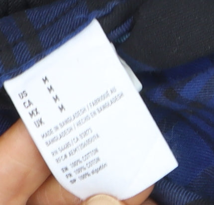 American Eagle Outfitters Men's Blue Plaid Flannel Hooded Button-Up Shirt M