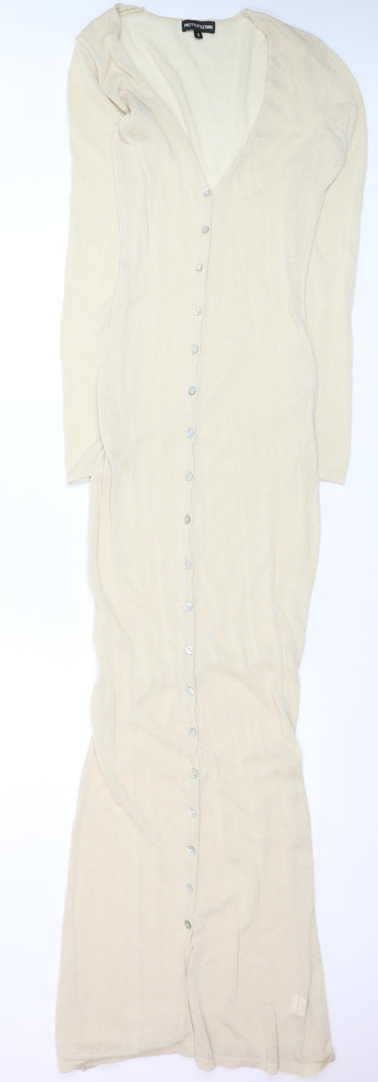 PrettyLittleThing Women Beige Long Sleeve Knit Button Dress Size S