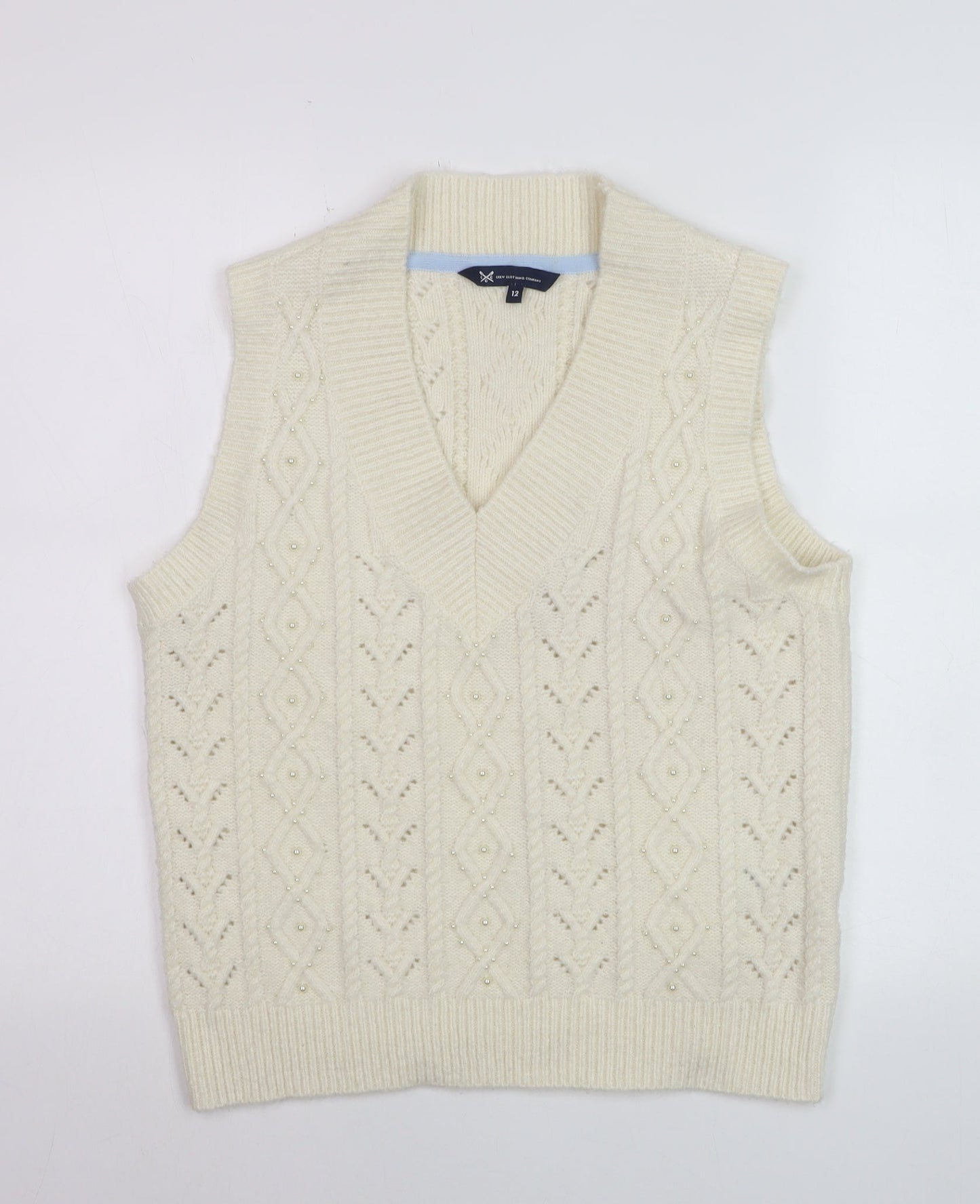 Crew Clothing Women’s Ivory Cable-Knit Sleeveless V-Neck Jumper Vest Size 12