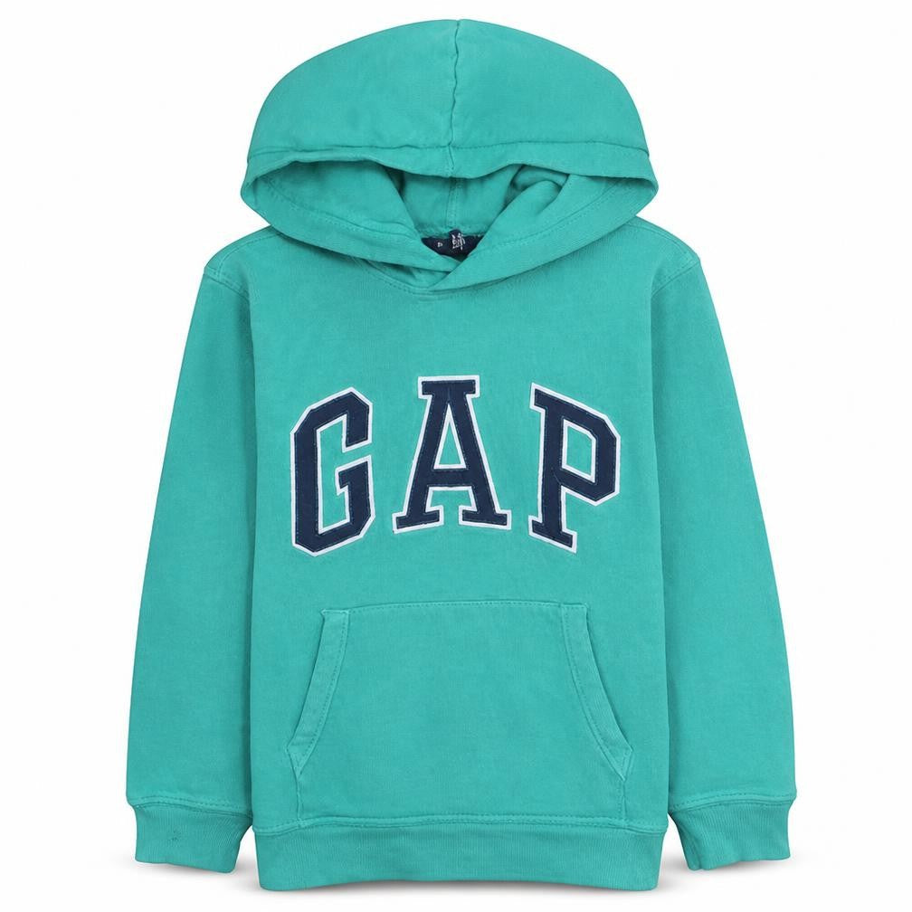 Front view of Gap boys’ green pullover hoodie 8 years logo fleece sweatshirt
