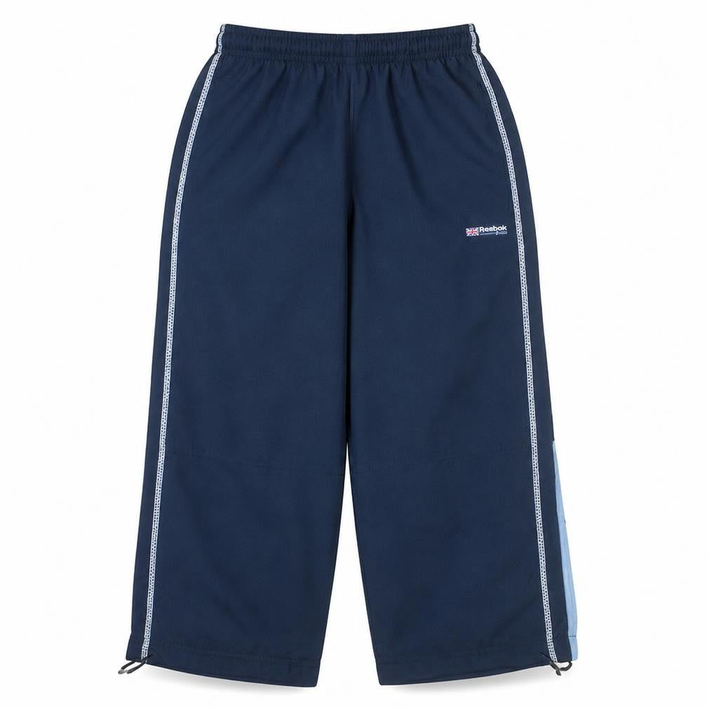 Front view of Reebok boys’ navy blue track pants, size M, elastic waist classic style